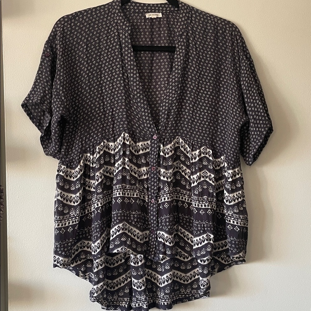 En Créme|Printed high low Boho Blouse|Blue white|Small|EUC